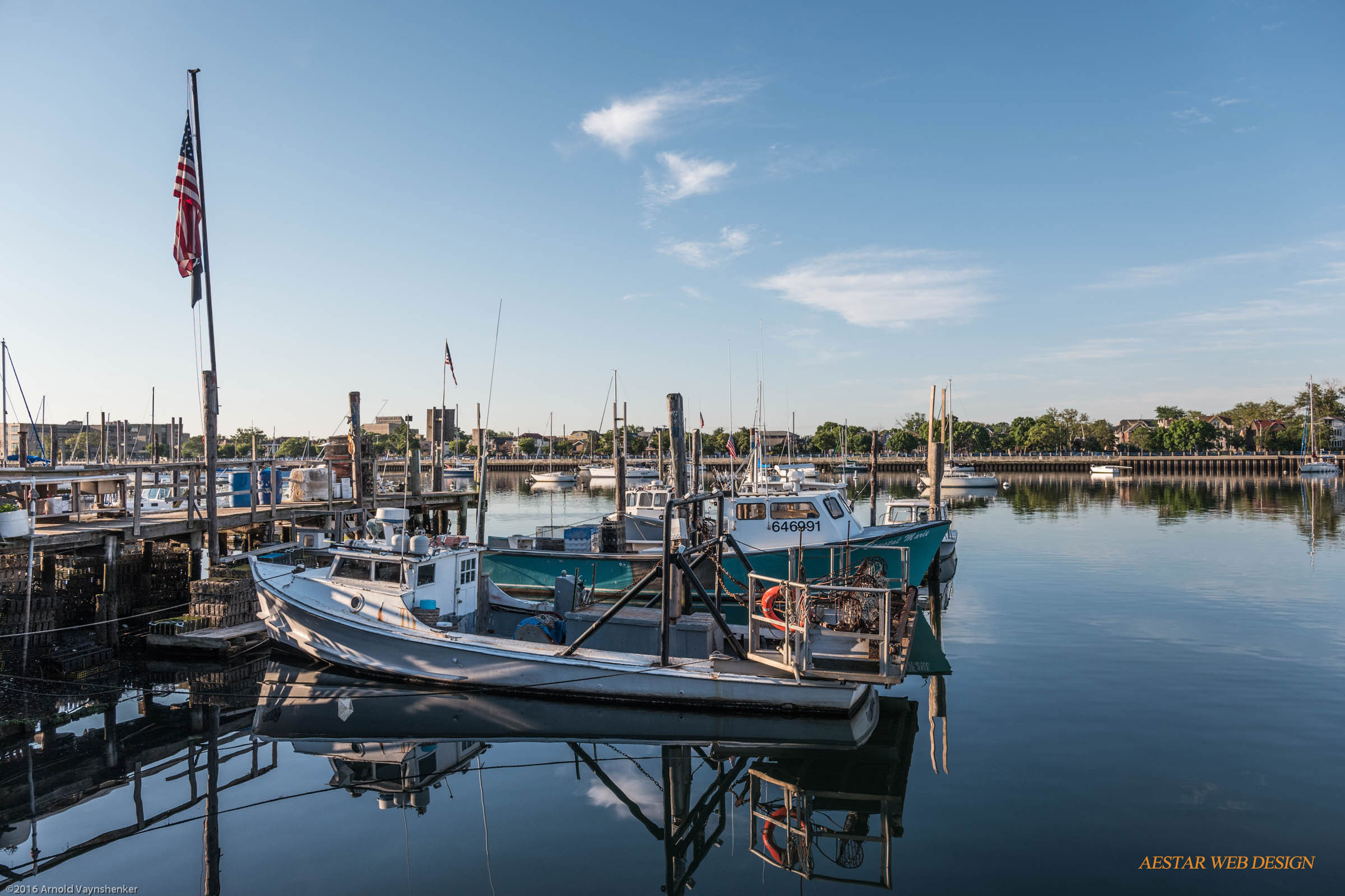 Web Photography, Landscape Photography, Street Photography, American Flag, Sunrise over Sheepshead Bay, Brooklyn, New York City
